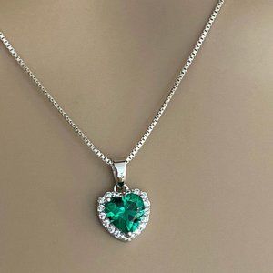 Sterling Silver Emerald CZ Heart Necklace and earring set